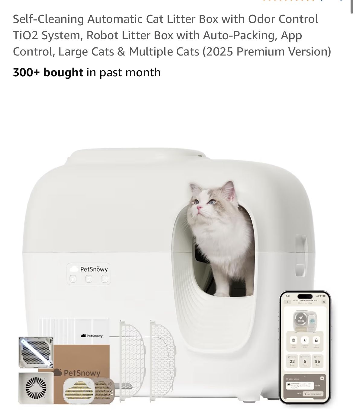 Self-Cleaning Automatic Cat Litter Box with Odor Control TiO2 System, Robot Litter Box with Auto-Packing, App Control, Large Cats & Multiple Cats
