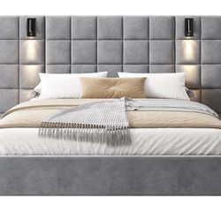 (sealed and brand new) Upholstered Queen Bed Frame with Led Lights and Charging 