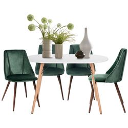 Homy Casa MICK 5PC Oval Dining Set 47" Matte White Table with 4 Smeg Dark Green Velvet Chairs Scandinavian Style