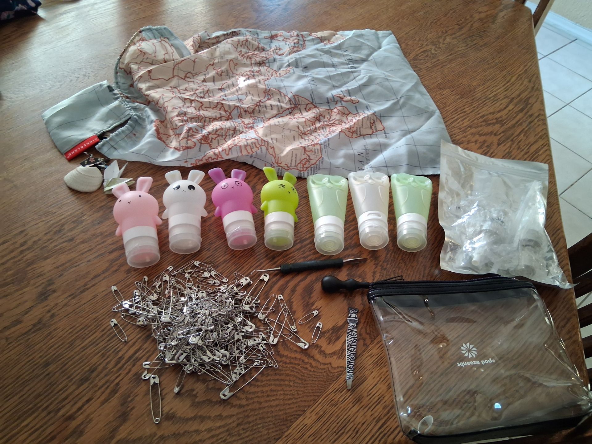 Travel Items, safety pins, soap/lotion pumps
