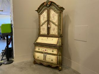 French Country Secretary Desk with Shelving Cabinet and Floral Motif