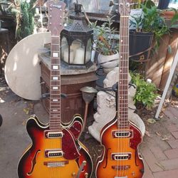 ES 335 And Violin Bass. Conqueror, Bruno, Aria, Kawai, Teisco, National. Matching Set From Japan!