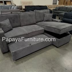New! 89”L Reversible Grey corduroy Sectional Sofa Bed, Sectional Sofa Bed, Grey Sofa, Sleeper Sofa, Grey Couch, Reversible Sectional, Sectional Sofa W