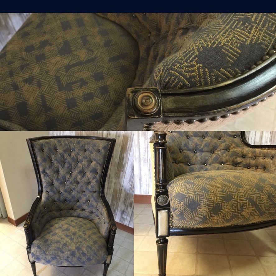 Gorgeous, unique wingback chairs, custom made , classic shape with expensive fabric mixed with chubby cheek finish .
