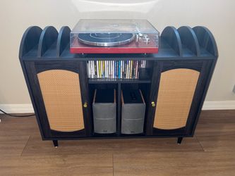 Turntable Media-stand/Bookcase Dark Wood w/Wicker Style Door Fronts