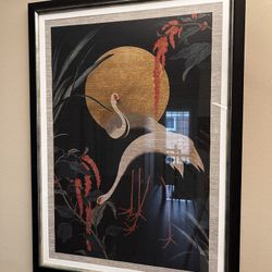 28" x 20" Beautiful Framed Artwork Painting, Cranes Under Gold Full Moon 