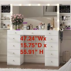 😀 Vanity Desk with Mirror and Lights, White Makeup Vanity with 11 Drawers,47.24”Wx 15.75"D x 55.91" H