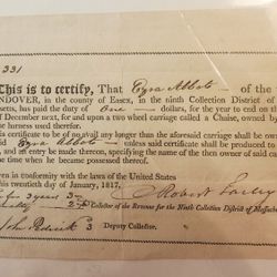 1817 Andover Mass Duty Receipt For Chaise Re: Ezra Abbots 