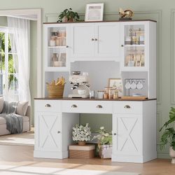 75" Executive Desk with Hutch and Drawers, Computer Desk with Glass Door and Storage Cabinet, 63" W Large Farmhouse Workstation for Home Office Study 