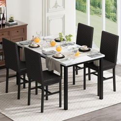 Dining Table Set for 4, Modern 5 Piece Dining Table Set, Faux Marble Kitchen Table and 4 Velvet Upholstered Chairs for Apartments, Dining Rooms, Small