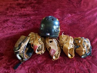 Assorted Baseball Mitts & Helmet