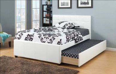 White Faux Leather Bed Frame with Trundle