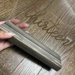 Script Glass Table Number With Danity Wood Base 13-15