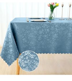 New Light Blue Floral vinyl Tablecloth with Scalloped Edges 60X140 inches, water proof