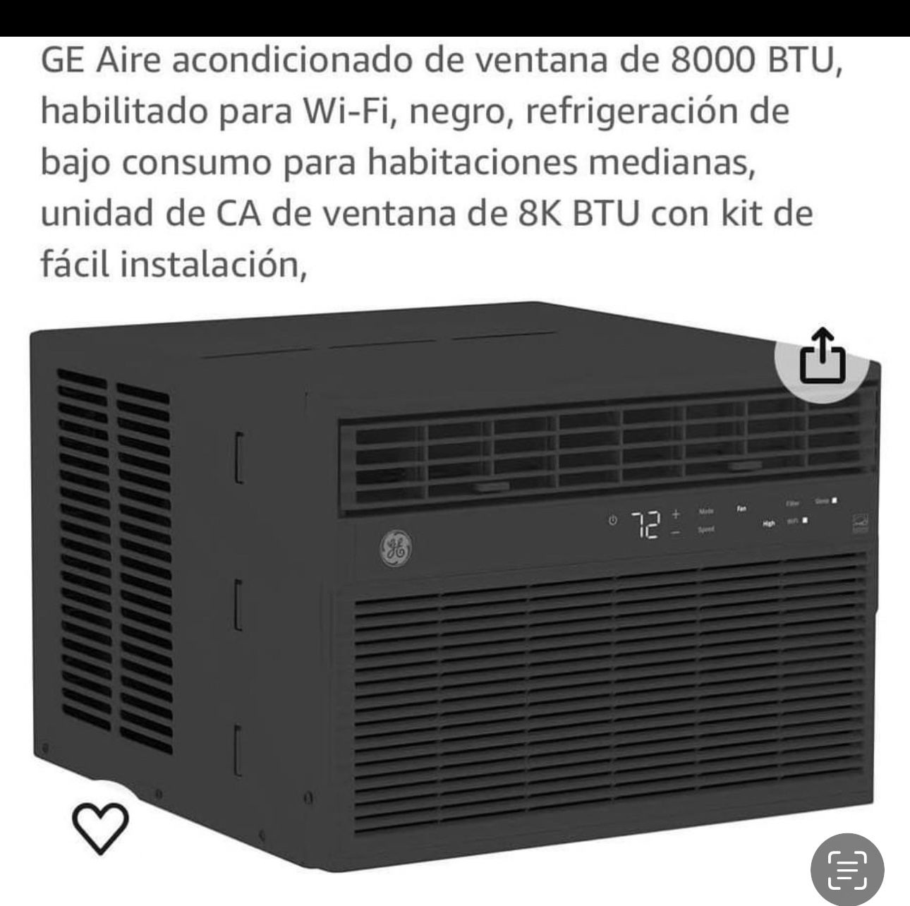 Aire Acondicionado GE Aire acondicionado de ventana de 8000 BTU, habilitado para Wi-Fi, negro, refrigeración de bajo consumo para habitaciones mediana