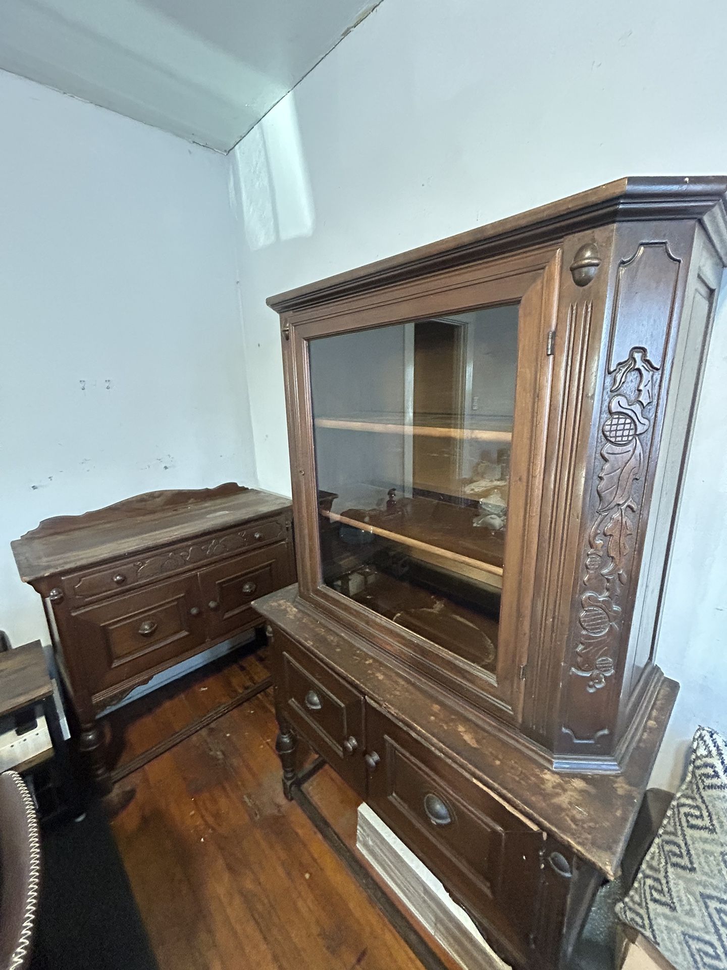 Antique Large Butler, Small Butler, Display Cabinet, and Mirror