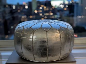 Silver Moroccan Leather Pouf Ottoman