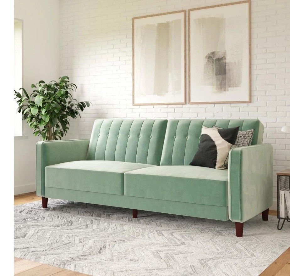 Tufted Transitional Futon, Light Green Velvet