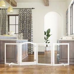 SPIRICH 96-inch Extra Wide 30” Tall Dog Gate with Door Walk Through, Freestanding Wire Pet Gate for The House, Doorway, Stairs, Pet Puppy Safety Fence