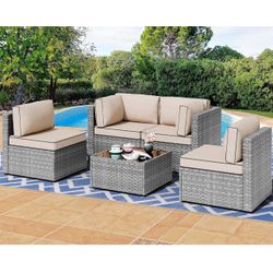 5 Pieces Outdoor Patio Furniture Sets, Patio Sectional Sofa Couch, Gray PE Wicker Furniture Modular Patio Conversation Sets Patio Sofa with Washable C