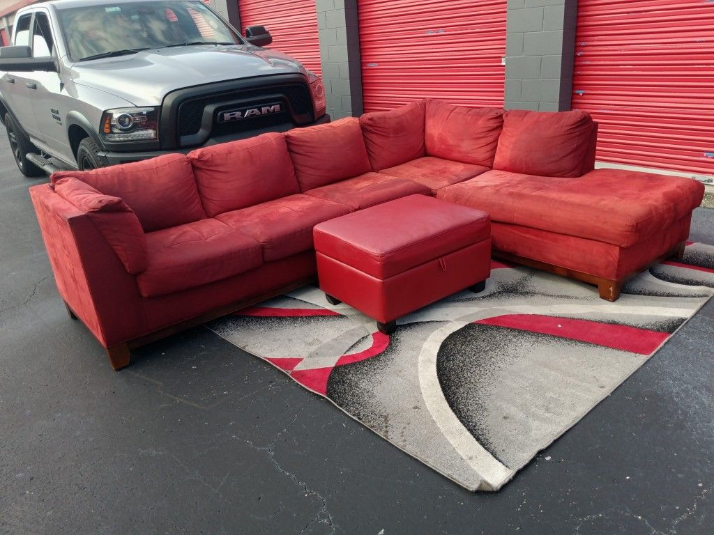 Red L Shaped Sectional with Ottoman