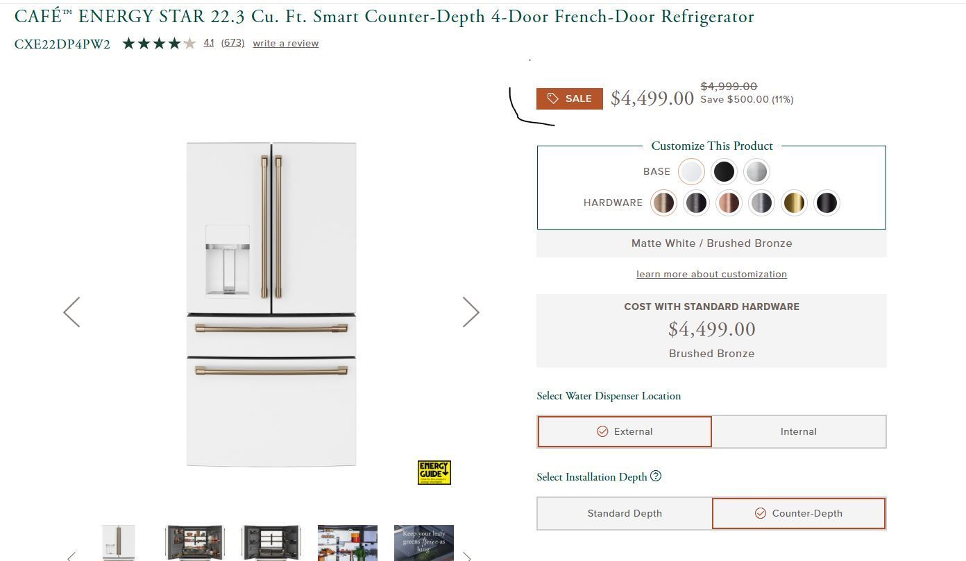 GE CAFÉ  22.3 Cu. Ft. Smart Counter-Depth 4-Door French-Door Refrigerator CXE22DP4PW2 MSRP $4999
