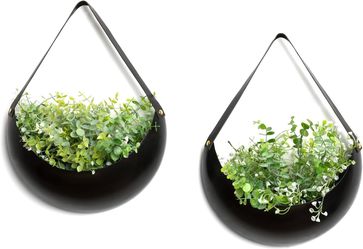 Set of 2 Black Metal Wall Planters - 12" Crescent Hanging Pots with Faux Leather Straps - Indoor Outdoor Decor for Succulents & Air Plants - Unique Pl