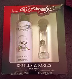 Ed Hardy Skulls & Roses gift set for men. The set includes a deodorant body spray and an eau de toilette natural spray.  $20.