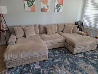 Large Beige Corduroy U-Shaped Sectional Sofa