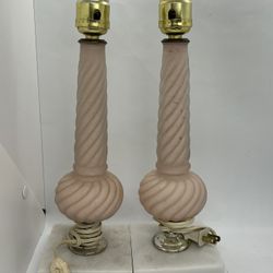 VTG 1950’s Set Of 2-13” Pink Swirled Frosted Satin Glass Table Lamps-Marble Base