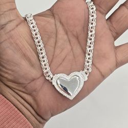 925 Sterling Silver Chino Link Heart Necklace 