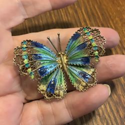 Butterfly brooch, 800 silver filigree enamel mid century Italian