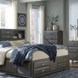 Caitbrook Gray Bookcase Storage Platform Bedroom Set 