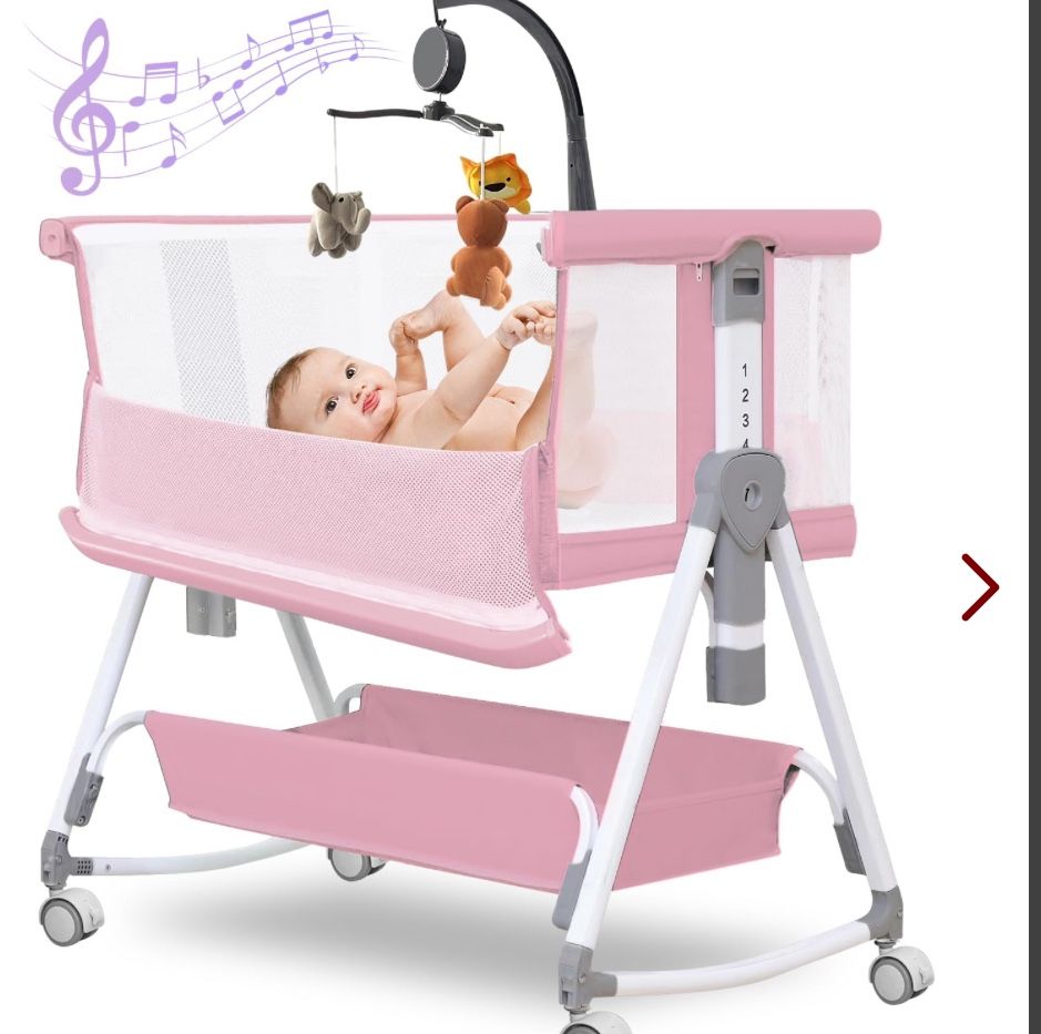 Baby Bassinet,3 In 1 Baby Bassinets Bedside Sleeper With Musical Toy,Bedside Cribs With Storage Basket And Wheels,7 Height Adjustable Easy Folding Bas
