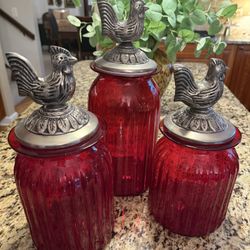 Three Vintage Ribbed Apothecary Canisters w/Pewter Rooster Lids