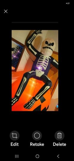 HALLOWEEN,  TOTALLY GHOUL,  INFLATABLE 8' LIGHT UP SKELETON ON A PUMPKIN, FIRM. Ship Available