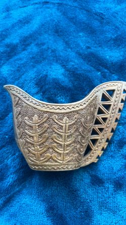 Vintage hand-carved wooden wedding cup from Yugoslavia with geometric patterns.