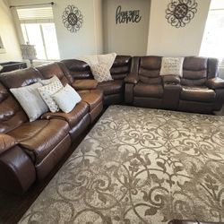 Brown Leather Sectional, Recliner & Storage Ottoman
