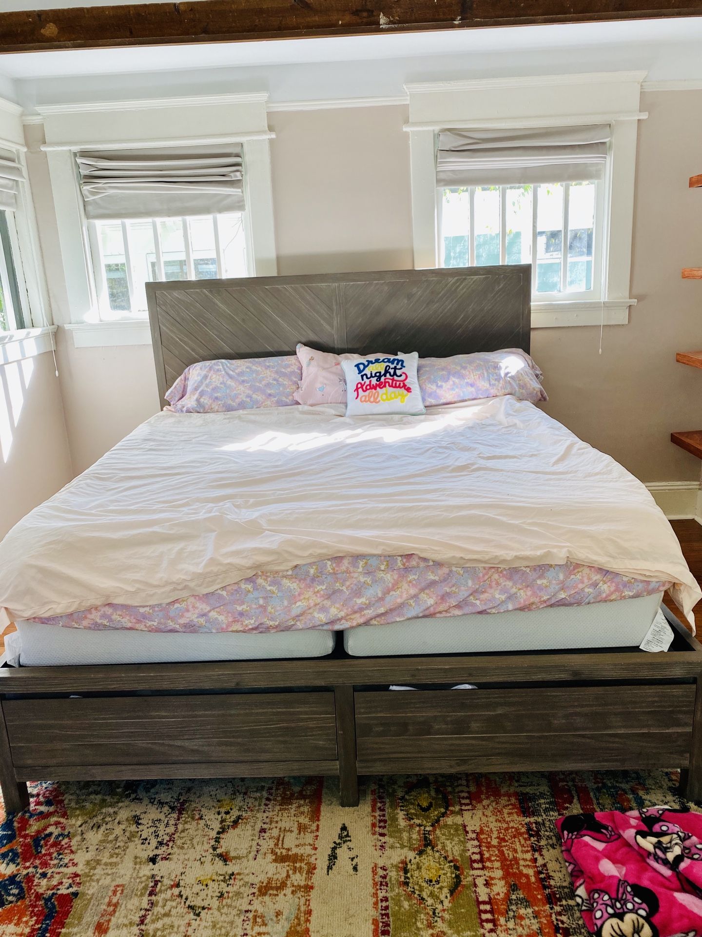 King bed, mattress, frame, and box springs