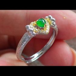 Certificate Sterling Silver 925 Green Jadeite jade Burmese heart bead Open Ring Size6.5