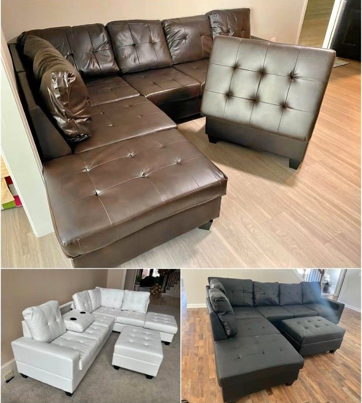 AVAILABLE IN BLACK, WHITE & BROWN!! SECTIONAL WITH OTTOMAN $795! DON’T PAY UNTIL ITS DELIVERED!!