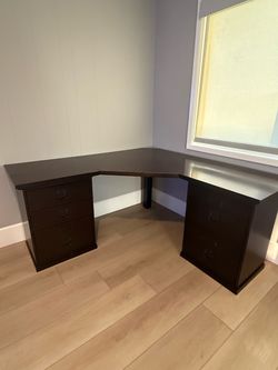 Pottery Barn-Dark Wood Corner Desk w Drawers/Filing Cabinets