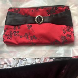 Elegant Red Floral Clutch With Black Bow 