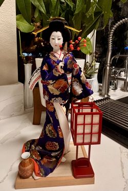 Vintage Japanese Geisha Doll with stand, Lantern, Vase, And branch.