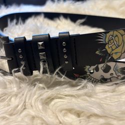 Ed Hardy Men’s Skulls and Roses Black Leather Rivet Belt Size 40 Brand New
