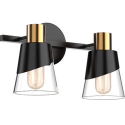 Bathroom Lighting Fixtures Over Mirror, 2 Lights Bathroom Vanity Light, 13 inchBathroom Light Fixtures, Black and Gold Design with Bevelled Edge and C