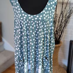 Women’s Plus Size 18 Teal Polka Dot Tunic Top Sleeveless Flowy Floral Hem Boho