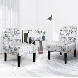 Modern Fabric Armless Accent Chair Set of 2 Decorative Slipper Chair Vanity Chair for Bedroom Desk, Corner Side Chair Living Room Furniture Map Design
