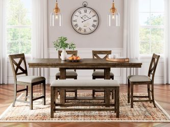 Moriville Grayish Brown Counter Height Dining Table with 4 Barstools and Bench