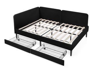 Full Size Upholstered Platform Bed Frame with 2 Storage Drawers, Adjustable Black Sofa Bed - New in Box